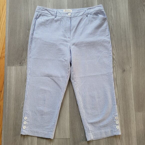Talbots Womens Blue & White Striped Cropped Pants W/Button Hem Size 12 Petite  1 - Picture 1 of 5